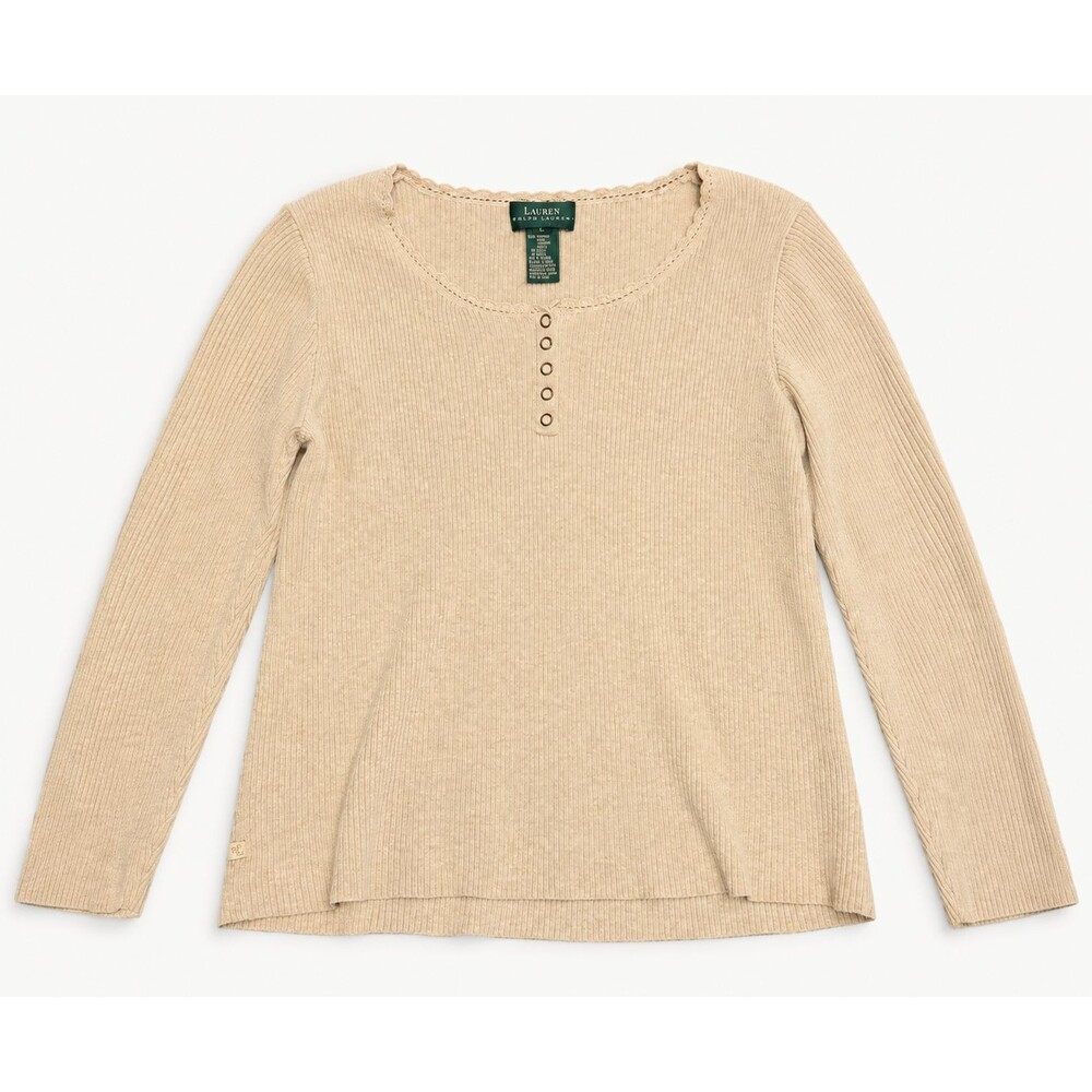 Lauren Ralph Lauren 100% Cotton Ribbed Henley Top L Beige Long Sleeve